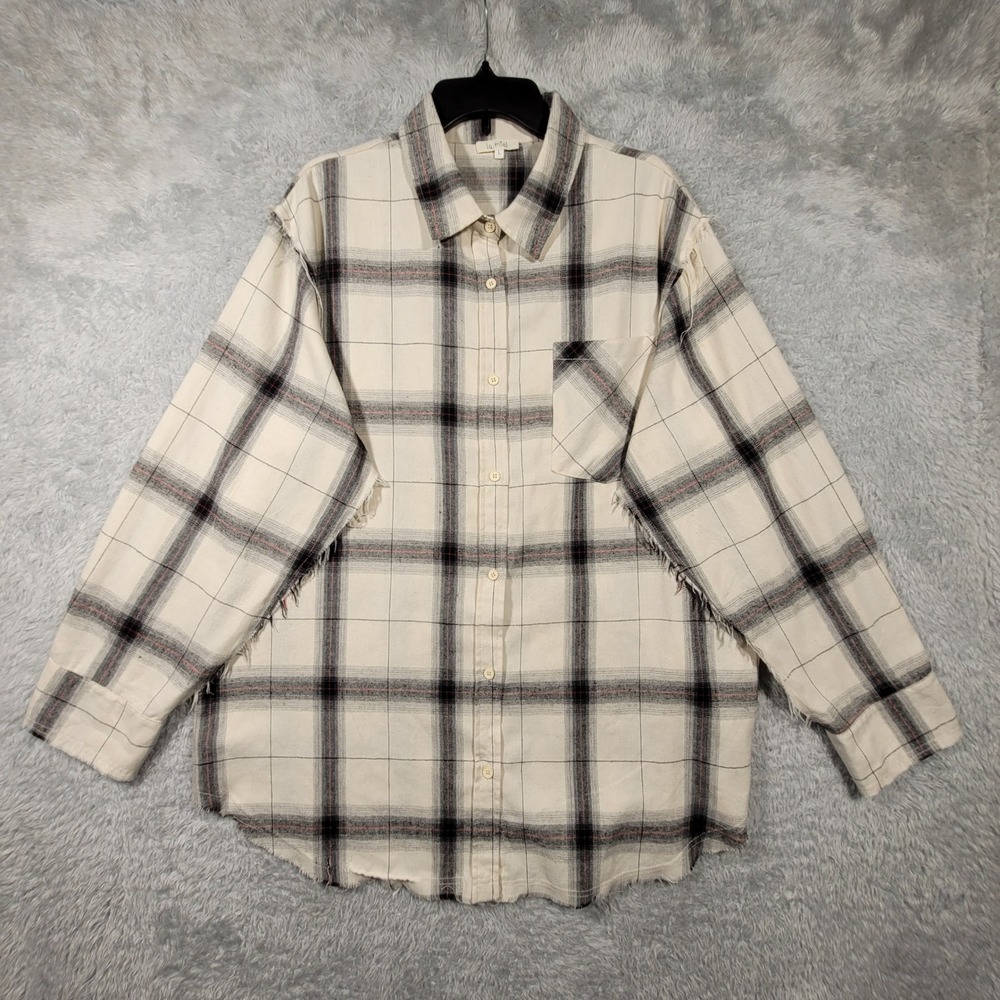 La‎ Miel Button Up Shirt Womens Large Black Plaid Raw Edge Seams